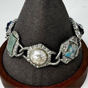 Vintage Sarah Cov Ornate Silver Tone Bracelet Featuring Multi-Colored Cabochons